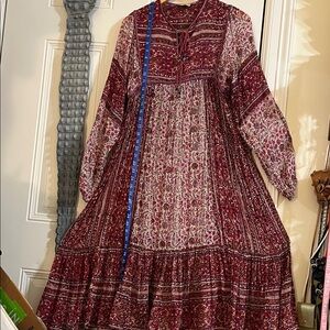 Vintage Boho Floral Long Sleeve Midi Dress - Maroon